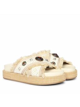 Saint G - Women Raffia Fringe Multi-Color Leather Platform Sandals
