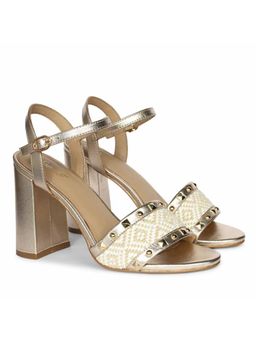 Saint G - Women Gold Leather Rafia Stud Block Heels
