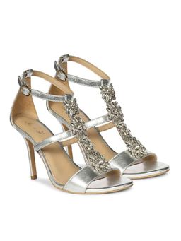 Saint G - Women Silver Crystal Stone Metallic Stiletto Heels