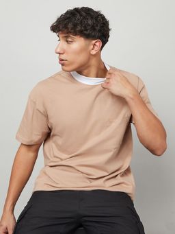 Styli - Beige Contrast Neck Oversized T-shirt With Pocket Detail
