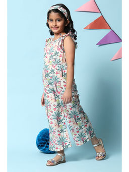 Biba - Girls Cream Printed Cotton Straight Jumpsuit (Set of 2)