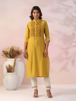 FASHOR - Solid Embroidered Kurta with Pant - Mustard (Set of 2)