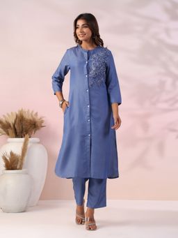 FASHOR - Floral Embroidered Co-Ord - Blue (Set of 2)