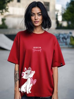 Bewakoof - Women's Red Believe Cat Graphic Printed Oversized T-shirt