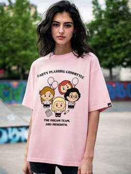 Bewakoof - Official The Office Women's Pink Party Planning Committee Graphic Printed Oversized T-shirt