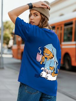 Bewakoof - Women's Blue Lazy Garfield Graphic Printed Oversized T-shirt