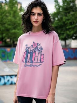 Bewakoof - Women Pink Booktrovert Graphic Printed Oversized T-Shirt