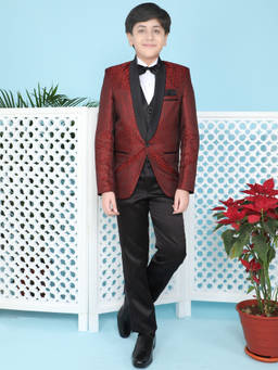 Jeetethnics - Boys Red Coat Suit Set With Waistcoat Shirt And Trousers (Set of 5)