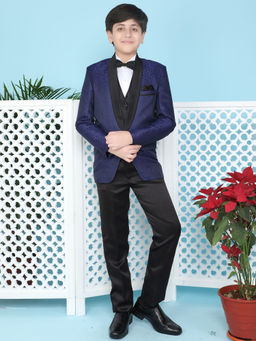 Jeetethnics - Boys Navy Blue Coat Suit Set With Waistcoat Shirt And Trousers (Set of 5)
