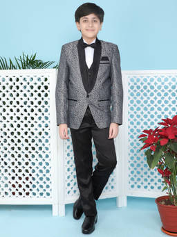 Jeetethnics - Boys Grey Coat Suit Set With Waistcoat Shirt And Trousers (Set of 5)