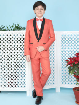 Jeetethnics - Boys Orange Coat Suit Set With Waistcoat Shirt And Trousers (Set of 5)