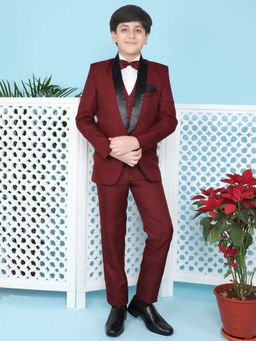 Jeetethnics - Boys Maroon Coat Suit Set With Waistcoat Shirt And Trousers (Set of 5)