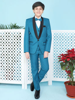 Jeetethnics - Boys Turquoise Coat Suit Set With Waistcoat Shirt And Trousers (Set of 5)