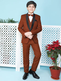 Jeetethnics - Boys Brown Coat Suit Set With Waistcoat Shirt And Trousers (Set of 5)
