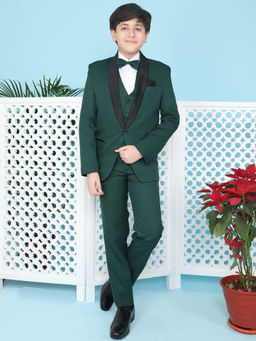 Jeetethnics - Boys Green Coat Suit Set With Waistcoat Shirt And Trousers (Set of 5)