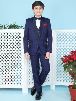 Jeetethnics - Boys Navy Blue Coat Suit Set With Waistcoat Shirt And Trousers (Set of 5)