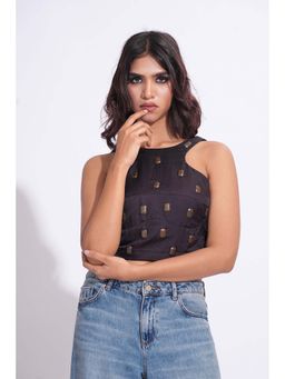 Shruti S - Satin Embroidery Purple Crop Top