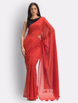 Angoshobha - Red Handloom Traditional Molmol Cotton Saree with Unstitched Blouse