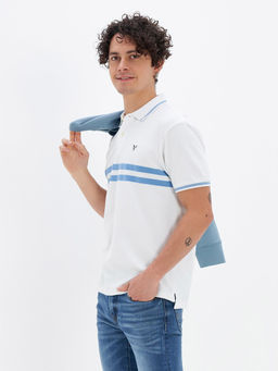 American Eagle - Men White Striped Polo T-Shirt