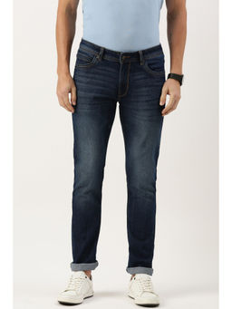 Peter England - Men Navy Blue Dark Wash Slim Tapered Jeans