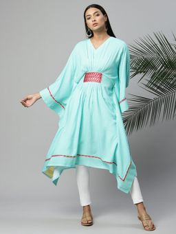 Ahalyaa - Womens Summer Blue Rayon Printed Kaftan