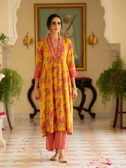 EKOHUM - Mustard Printe Gathered Yoke Kurta And Pant