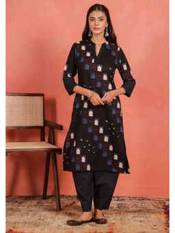 EKOHUM - Black Cotton Slub Kurta With Afghani Pant