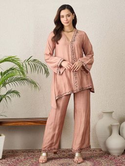 First Resort by Ramola Bachchan - Women Muslin Embroidered Pink Tunic And Pant