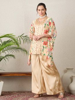 First Resort by Ramola Bachchan - Women Polyester Satin Floral Beige Top And Pant