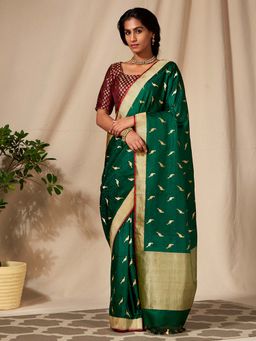 WeaverStory - Handloom Emerald Green Tanachi Saree With Unstitched Blouse
