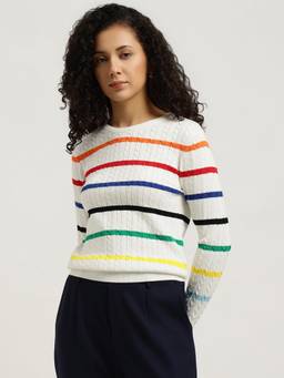 United Colors of Benetton - White Round Neck Stripe and Cable Knit Pullover Sweater