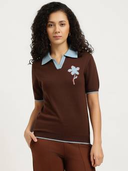 United Colors of Benetton - Brown Johny Collar Solid Side Technique Sweater