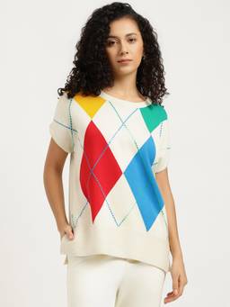 United Colors of Benetton - Beige Regular Fit Round Neck Argyle Extended Sleeve Sweater