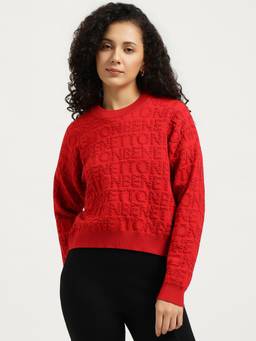 United Colors of Benetton - Red Regular Fit Round Neck Allover Branding Jacquard Sweater