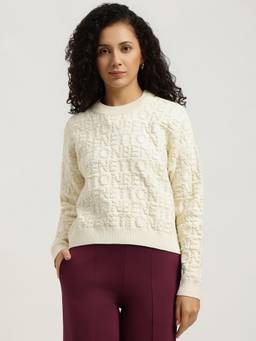 United Colors of Benetton - Beige Regular Fit Round Neck Allover Branding Jacquard Sweater