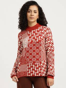 United Colors of Benetton - Rust Regular Fit Mock Neck Geometric Fair Isle Sweater