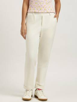 United Colors of Benetton - Beige Solid Carrot Fit Crop Pull Up Folded Hem Trouser