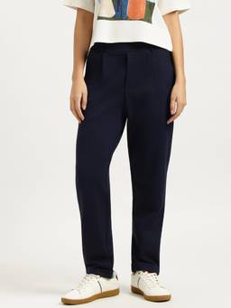 United Colors of Benetton - Navy Blue Solid Carrot Fit Crop Pull Up Folded Hem Trouser
