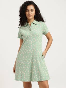 United Colors of Benetton - Green Regular Fit Polo Neck Floral T-Shirt Dress