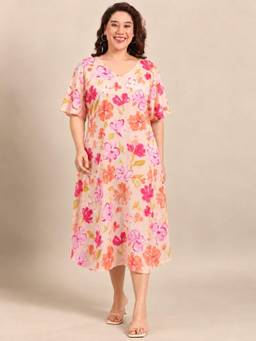 THE PINK MOON - Light Pink Floral A-Line Midi Dress