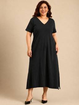 THE PINK MOON - Black Cotton V-Neck Maxi Dress