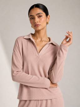 Slumber Jill - Pink AirLuxe Rib Petal Blush Vneck Fullsleeve Collared Top