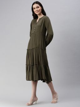 SHOWOFF - Womens Midi Solid Olive Mandarin Collar Fit And Flare Dress