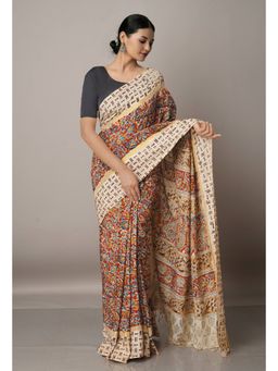Unnati Silks - Multi Pure Kalamkari Block Printed Silk Saree with Unstitched Blouse