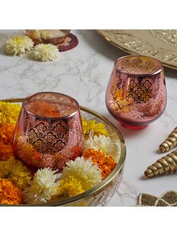 HomeTown - Zahara Glass Floral Print Votive Set Of 2 Piece 9Cm In Blush & Gold Colour