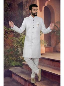 Jhambthread - Men's Woven Jacquard White Sherwani with Pyjama
