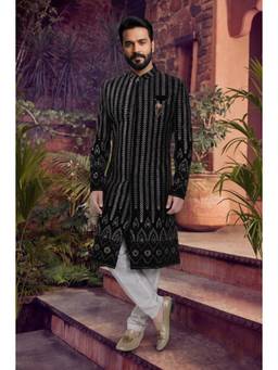 Jhambthread - Men's Velvet Black Embroidered Sherwani with Pyjama
