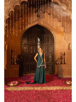 BAHAARA BY DIVYA NARULA - Deep Teal Angrakha Kurta & Sharara with Dupatta