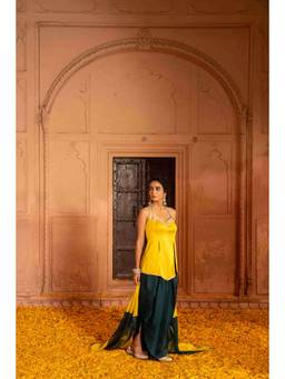 BAHAARA BY DIVYA NARULA - Mustard Short Kurta and Tulip Salwar with Dupatta