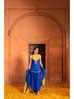 BAHAARA BY DIVYA NARULA - Royal Blue Halter Neck Kurta with Salwar and Dupatta